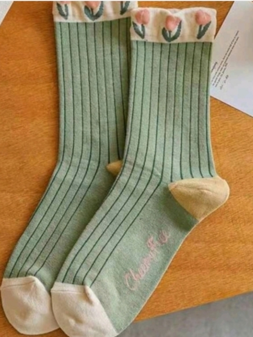 Olive Green Crew Mid-calf Socks with Pink Floral Cuff and Yellow Heel